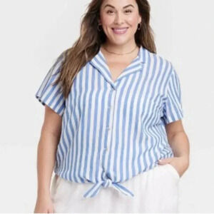 Ava & Viv Linen Collared Button Down Shirt Blue & White Stripe Size 2x